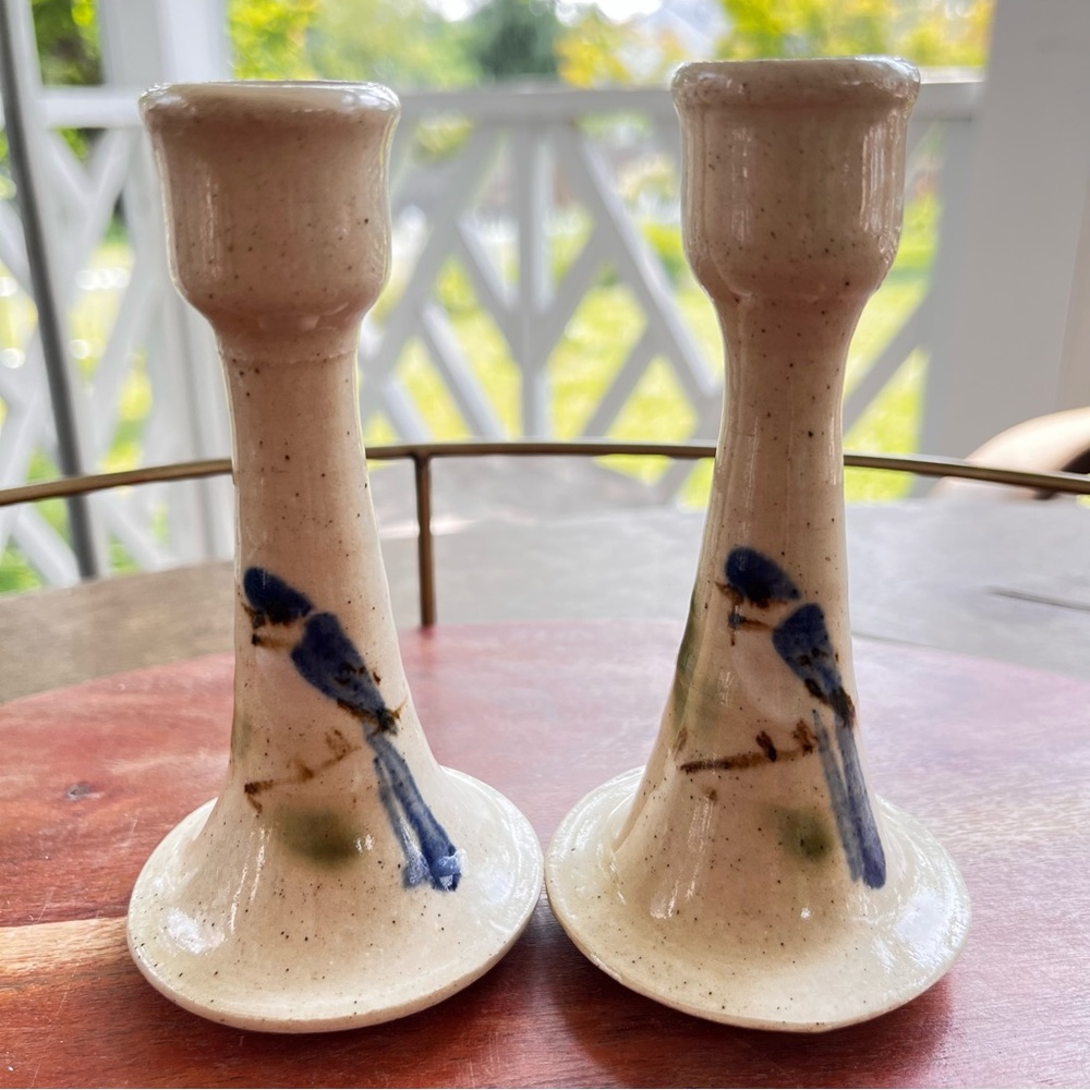 Gus Sherman Blue Bird Candle Holders (2) Signed